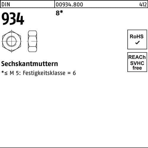 Sechskantmutter DIN 934 M8 8 100 Stück