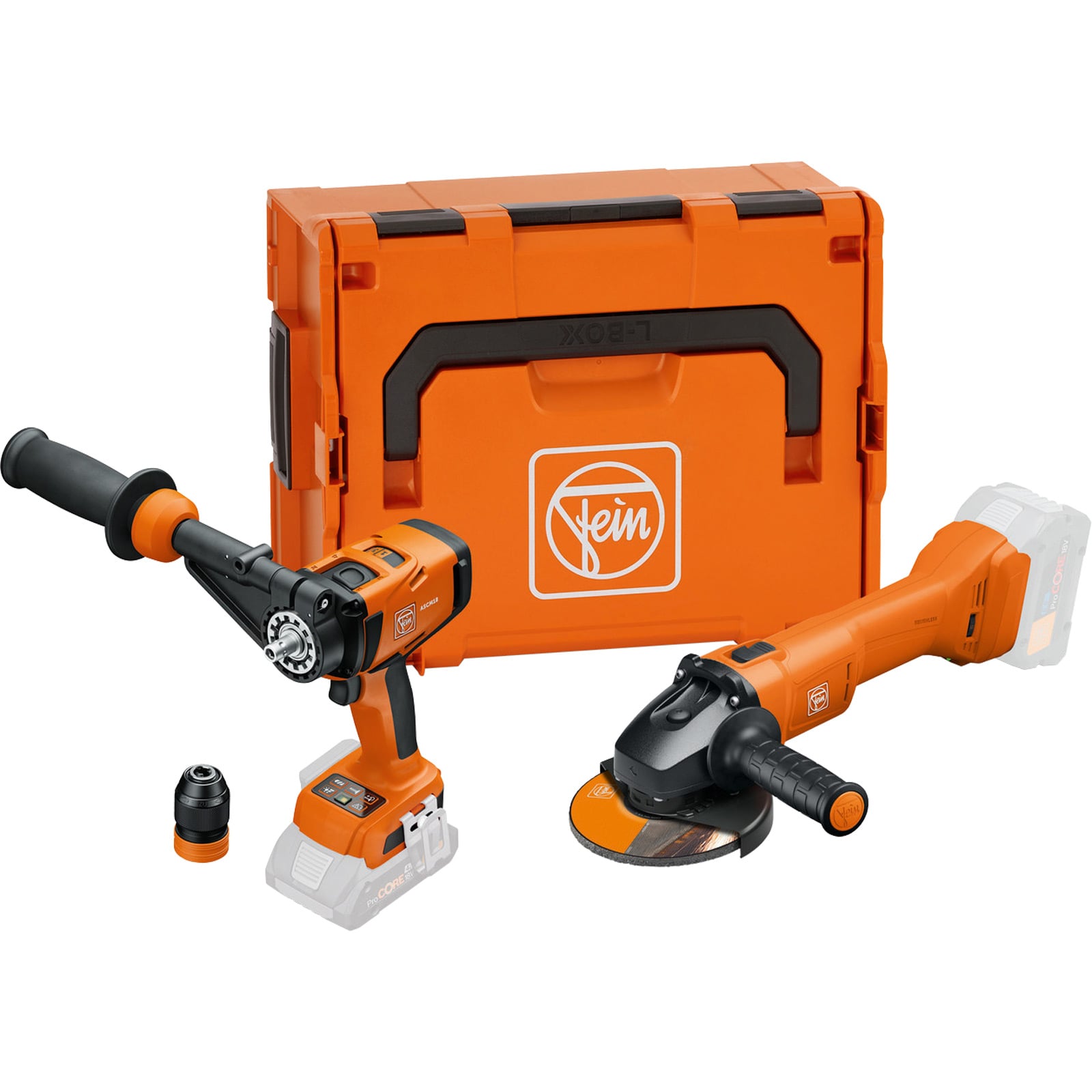 Fein Vorteils-Combo Akku: Akku-Bohrschrauber ASCM 18-4 QM AS & Akku-Winkelschleifer CCG 18-125-12 in L-Boxx- 99100000837