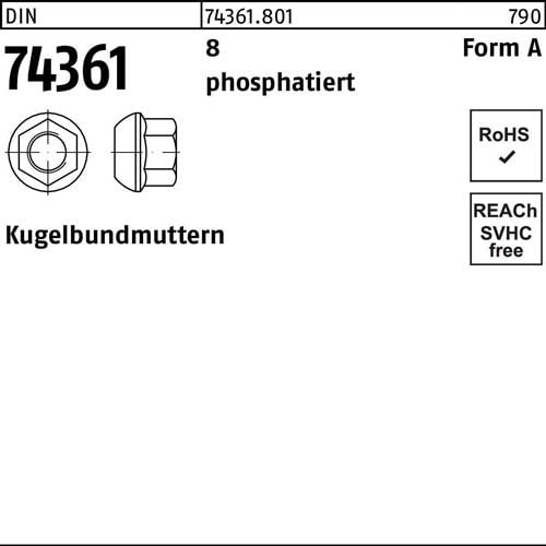 Kugelbundmutter DIN 74361 AM 14x1,5 SW19 8 phosphatiert 100 Stück