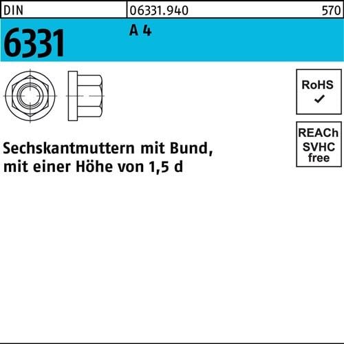 Sechskantmutter DIN 6331 Bund M8 SW 13 A 4 10 Stück