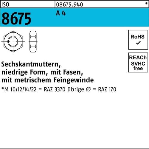 Sechskantmutter ISO 8675 m.Fasen M 33 x 2 A 4 10 Stück