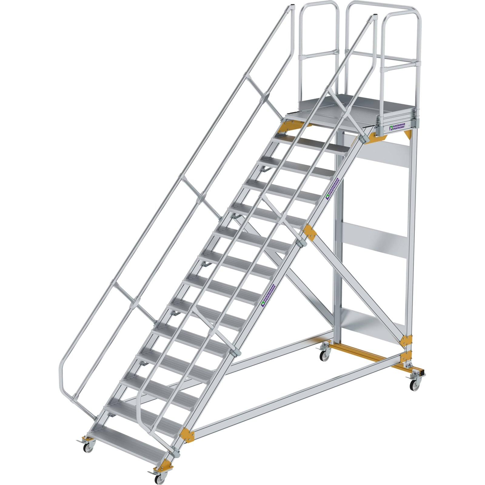 Günzburger Steigtechnik Plattformtreppe 45° fahrbar Stufenbreite 1 m 14 Stufen Aluminium geriffelt - 600814