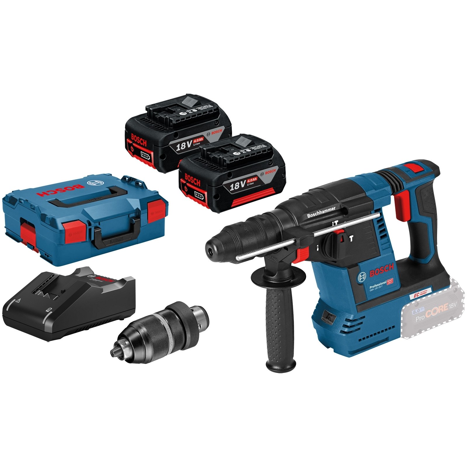 Bosch Akku-Bohrhammer GBH 18V-26 F mit SDS plus 18V / 2x 4,0 Ah Akku + Ladegerät inkl. Zubehör-Set in L-Boxx Bosch Akku-Bohrhammer GBH 18V-26 F mit SDS plus 18V / 2x 4,0 Ah Akku + Ladegerät inkl. Zubehör-Set in L-Boxx