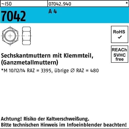 Sechskantmutter ISO 7042 Klemmteil M6 A 4 1000 Stück