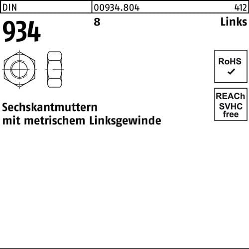 Sechskantmutter DIN 934 links M8 -LH 8 100 Stück