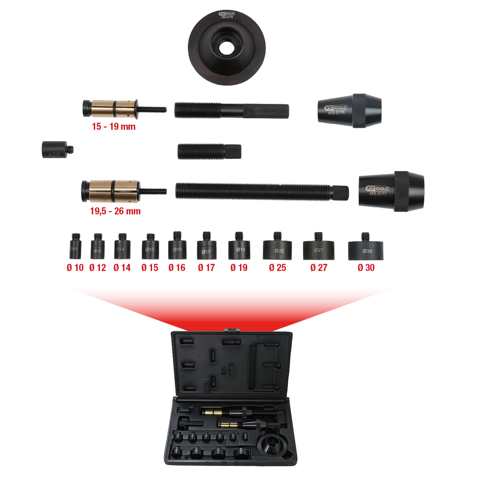 KS TOOLS Universal-Kupplungs-Zentrier-Werkzeug-Satz Ø 15 26 mm 19tlg. - 455.0170