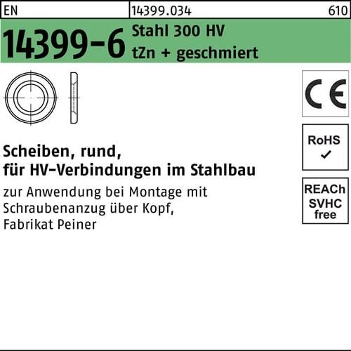 Scheibe EN 14399-6 rund 16 (17x30x4) 300 HV feuerverz. geschmiert 20St. PEINER
