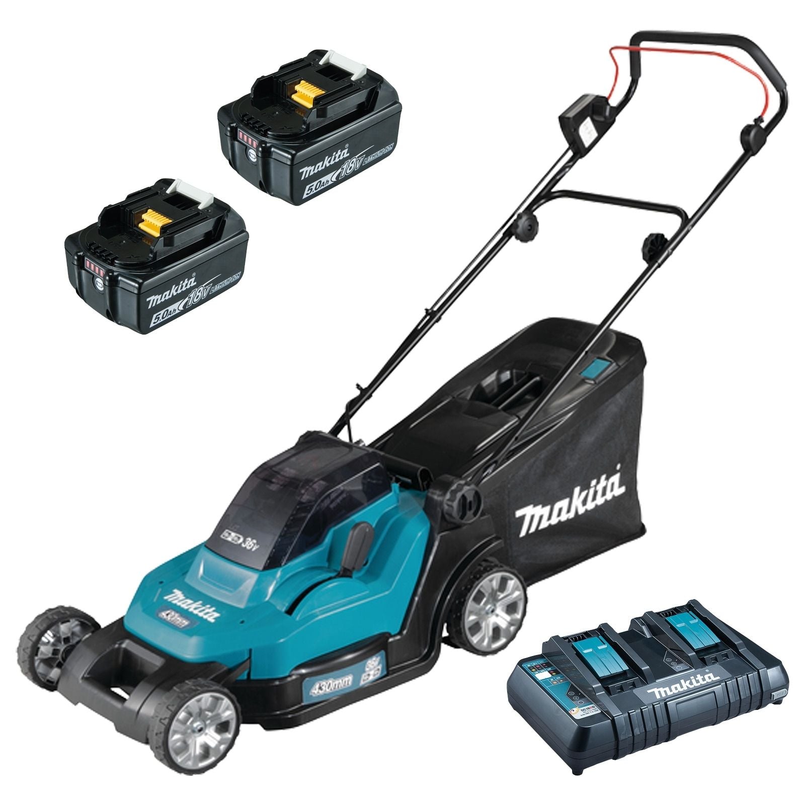 Makita DLM432PT2 Akku-Rasenmäher 2x 18V 43 cm 50 l 18 V / 2x 5,0 Ah Akku + Ladegerät