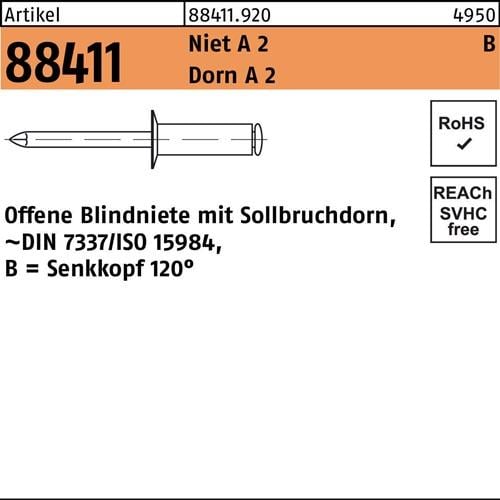 Blindniete R 88411 SEKO B 4x 12 Niet A 2/Dorn A 2 500 Stück