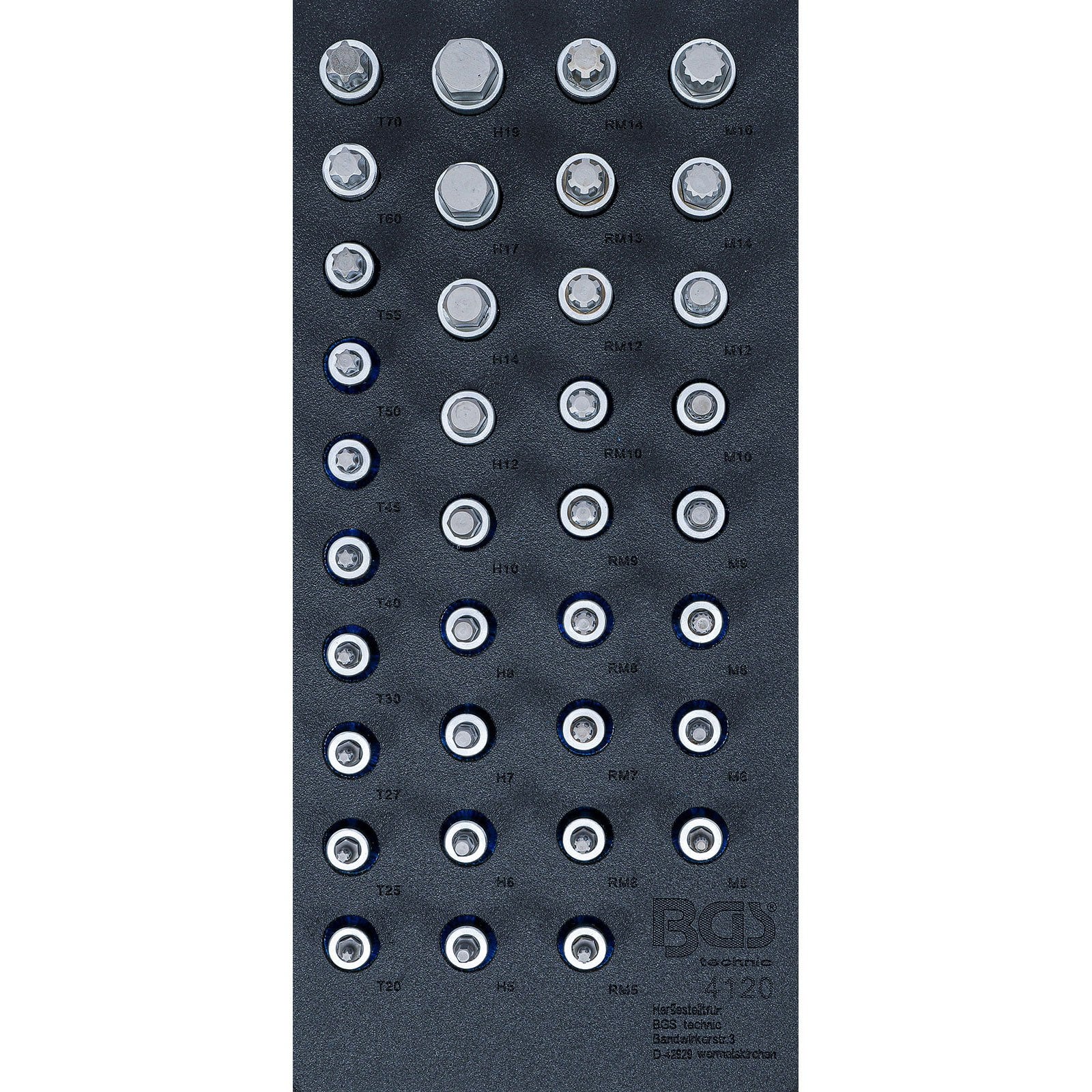 BGS Werkstattwageneinlage 1/3: Bit-Einsatz-Satz Antrieb Innenvierkant 12,5 mm (1/2") Innensechskant, T-Profil (für Torx), Innenvielzahn (für XZN), Keil-Profil (für RIBE) 36tlg. - 4120