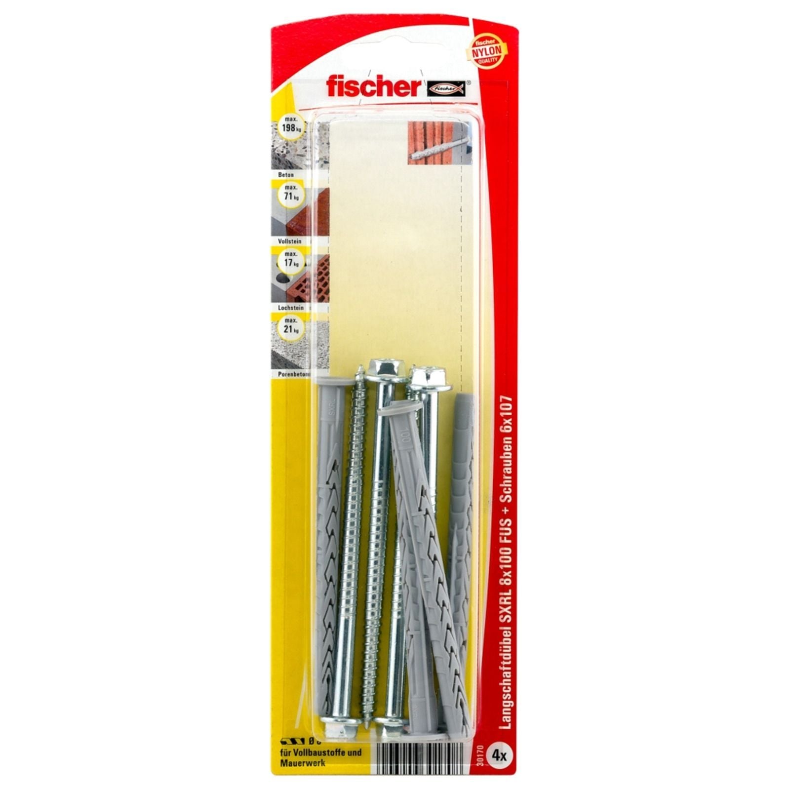 Fischer 4x Langschaftdübel SXRL 8x100 FUS Sechskantschraube mit U-Scheibe - 30170