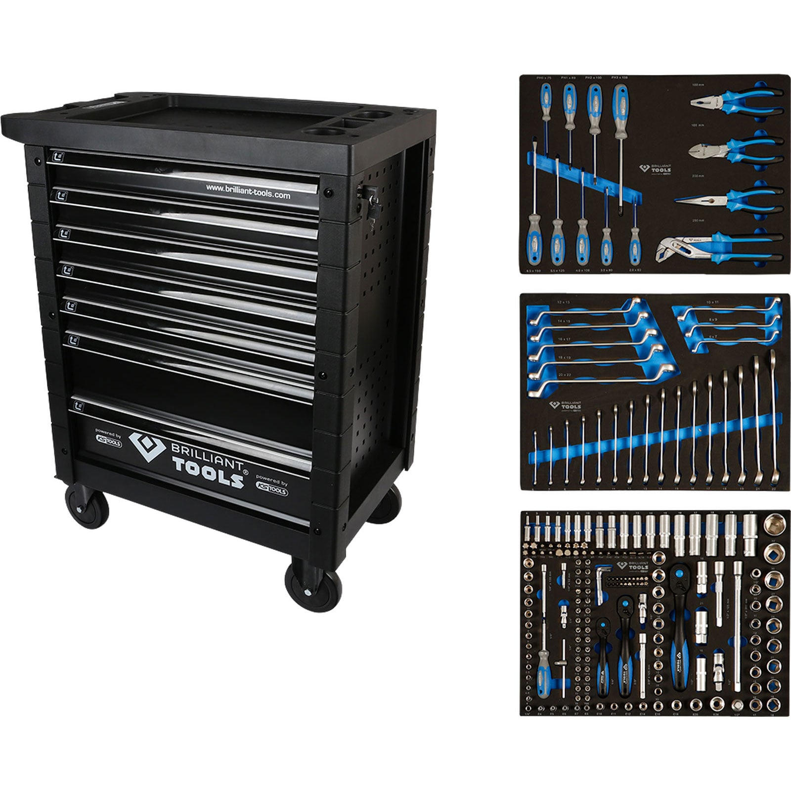 BRILLIANT TOOLS Werkstattwagen mit 7 Schubladen und 207 Werkzeugen - BT153207