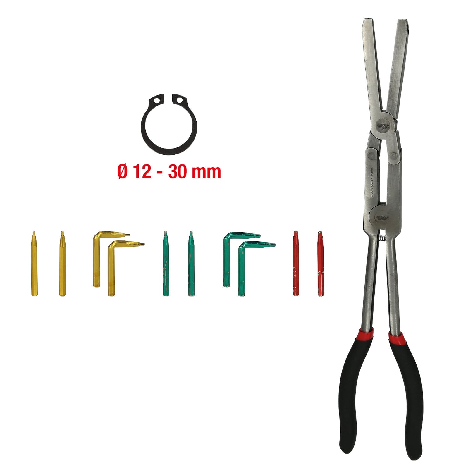 KS TOOLS Doppelgelenk-Sicherungszange für Außensicherungsringe mit auswechselbaren Spitzen - 500.7015