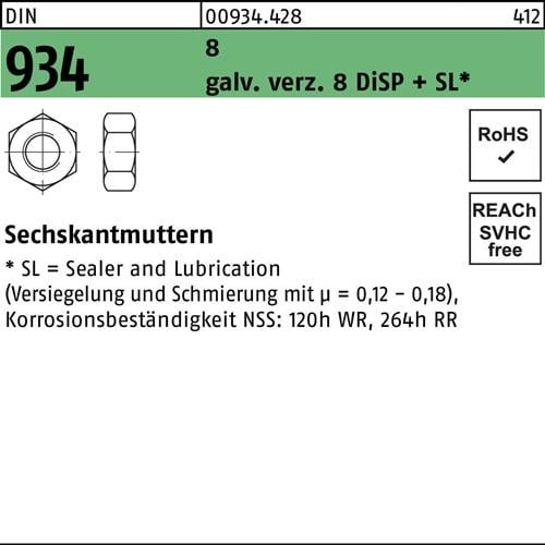 Sechskantmutter DIN 934 M10 gal Zn 8 DiSP + SL 500 Stück