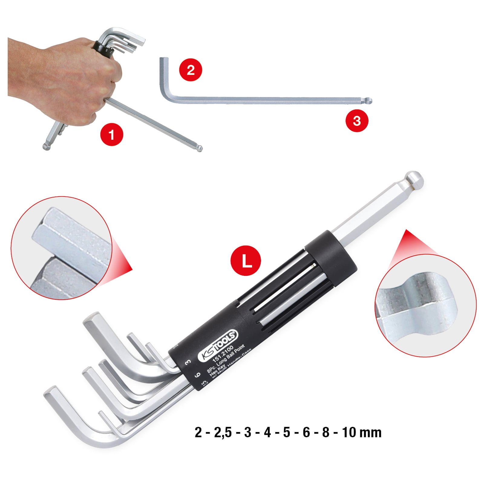 KS TOOLS 3 in 1 Innen6kant-Winkelstiftschlüssel-Satz 8tlg. lang Kugelkopf - 151.2100