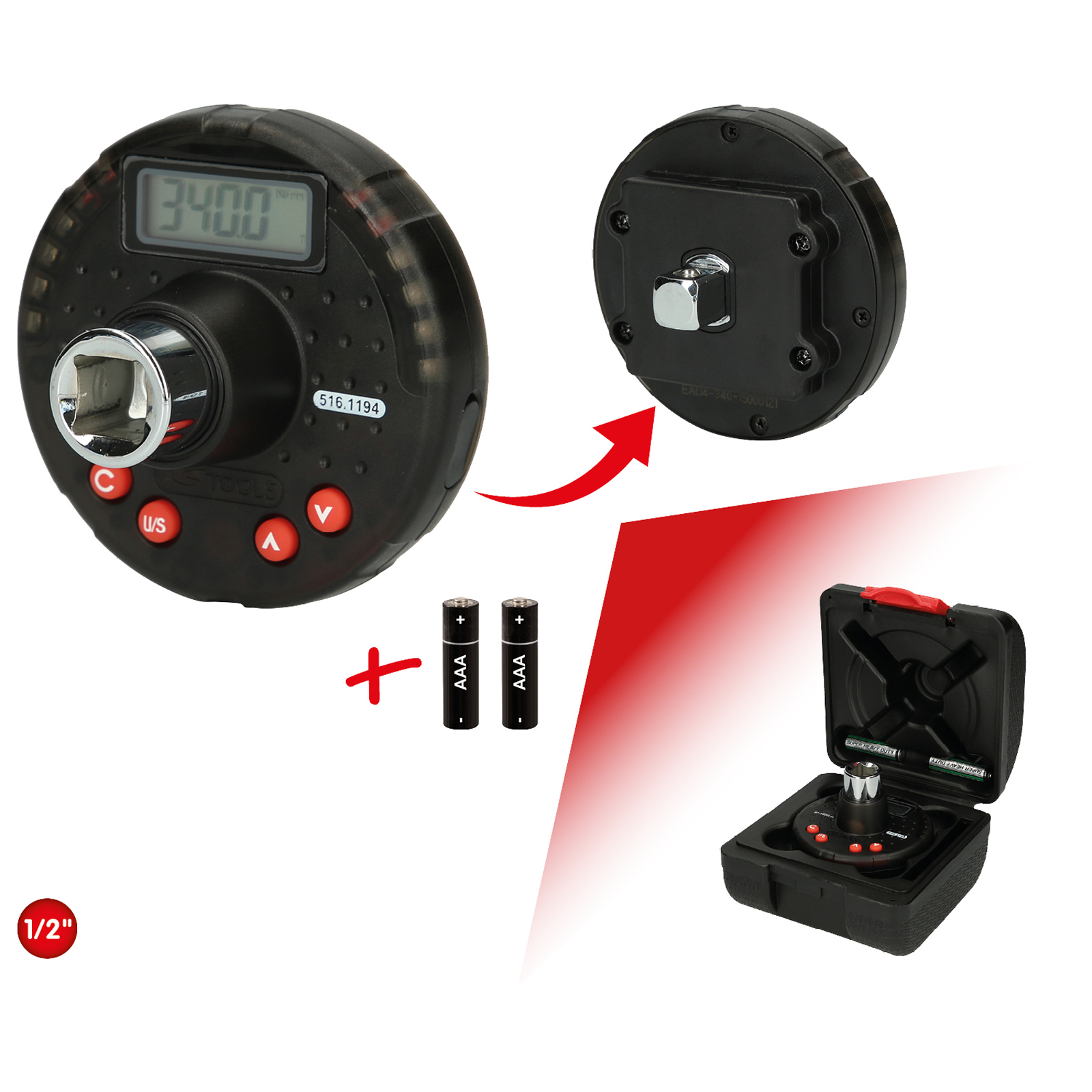 KS TOOLS 1/2" Digitaler Drehmomentadapter mit Winkelmesser 68-340 Nm  - 516.1194