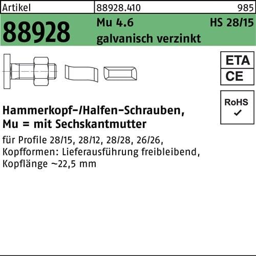 Hammerkopfschraube R 88928 28/15 6-ktmutter M8x15 Mu4.6 galv.verz. 100St. HALFEN