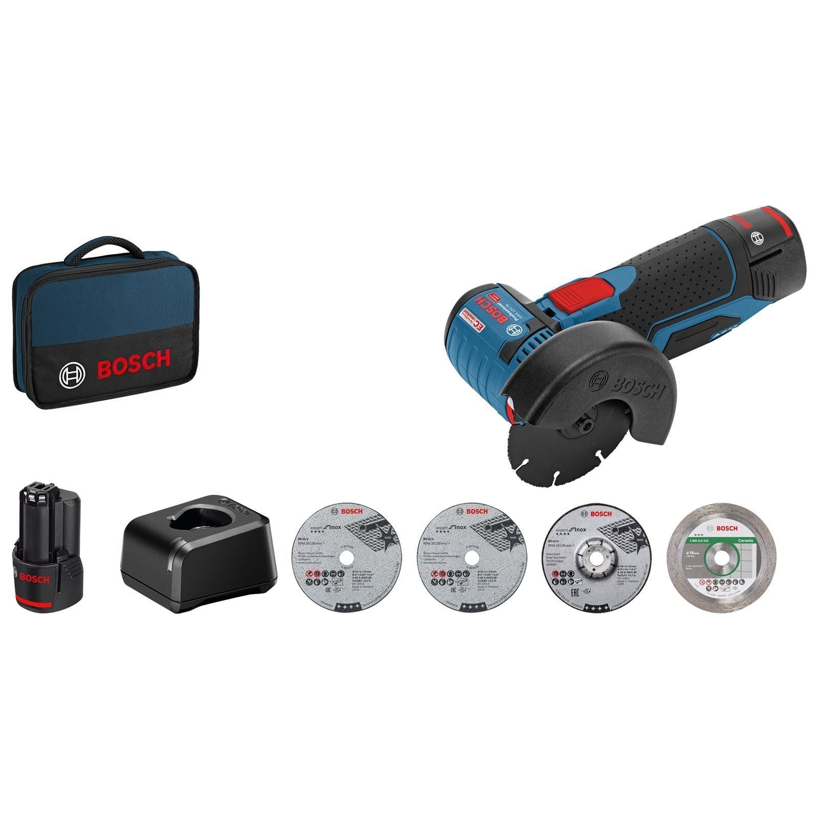 Bosch Akku-Winkelschleifer GWS 12V-76 Ø 76 mm / 2x 2,0 Ah + Ladegerät im Softbag - 06019F200C