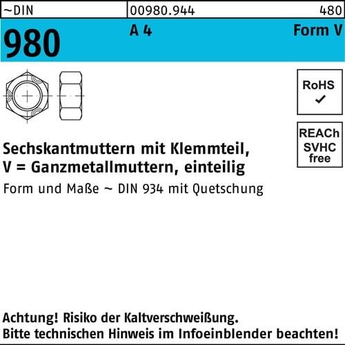Sechskantmutter DIN 980 Klemmteil VM 5 A 4 1000 Stück