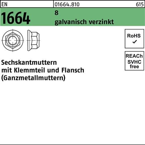 Sechskantmutter EN 1664 Klemmteil/Flansch M10 8 galv.verz. 100 Stück