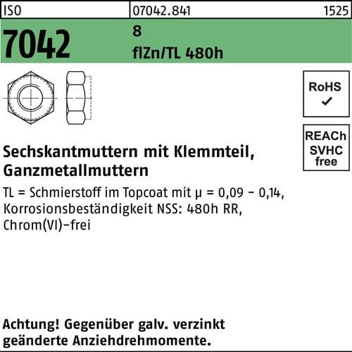 Sechskantmutter ISO 7042 Klemmteil M12 8 zinklamellenbes. flZnnc 480h-L 250St.