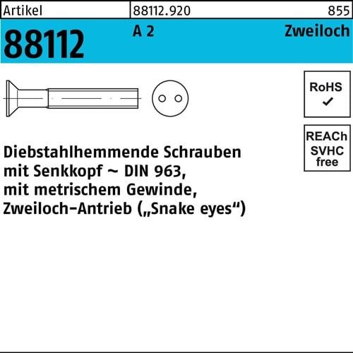 Schraube R 88112 diebstahlhemmend Seko/Zweiloch M6x 12 A 2 100 Stück