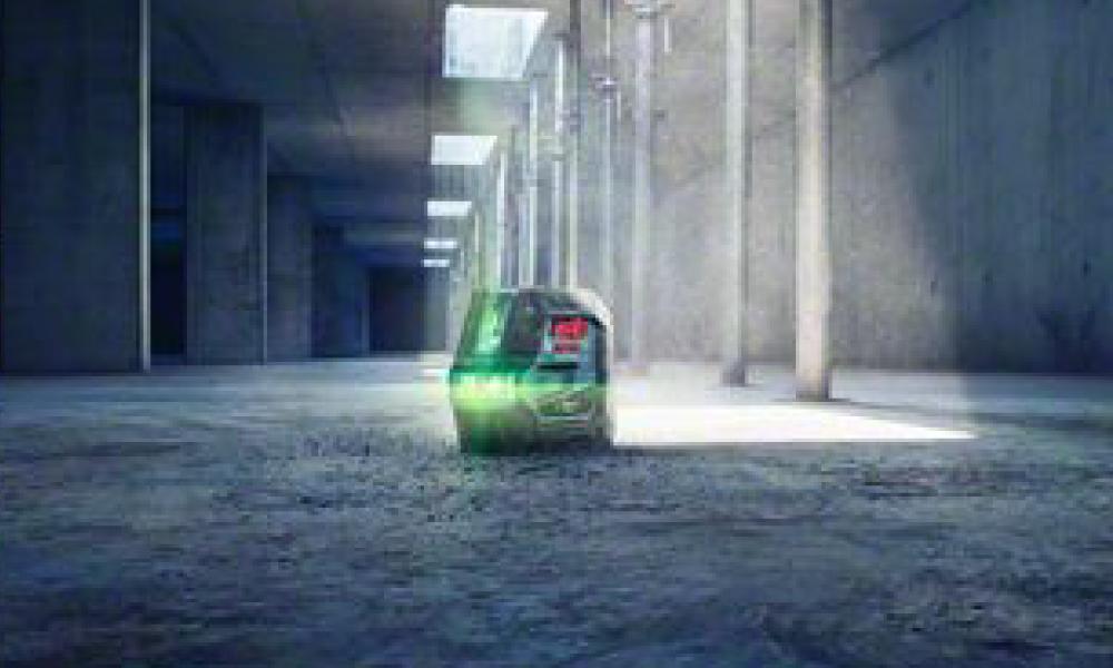 Bosch Messgerät in Baustellenumgebung mit grüner Laserprojektion