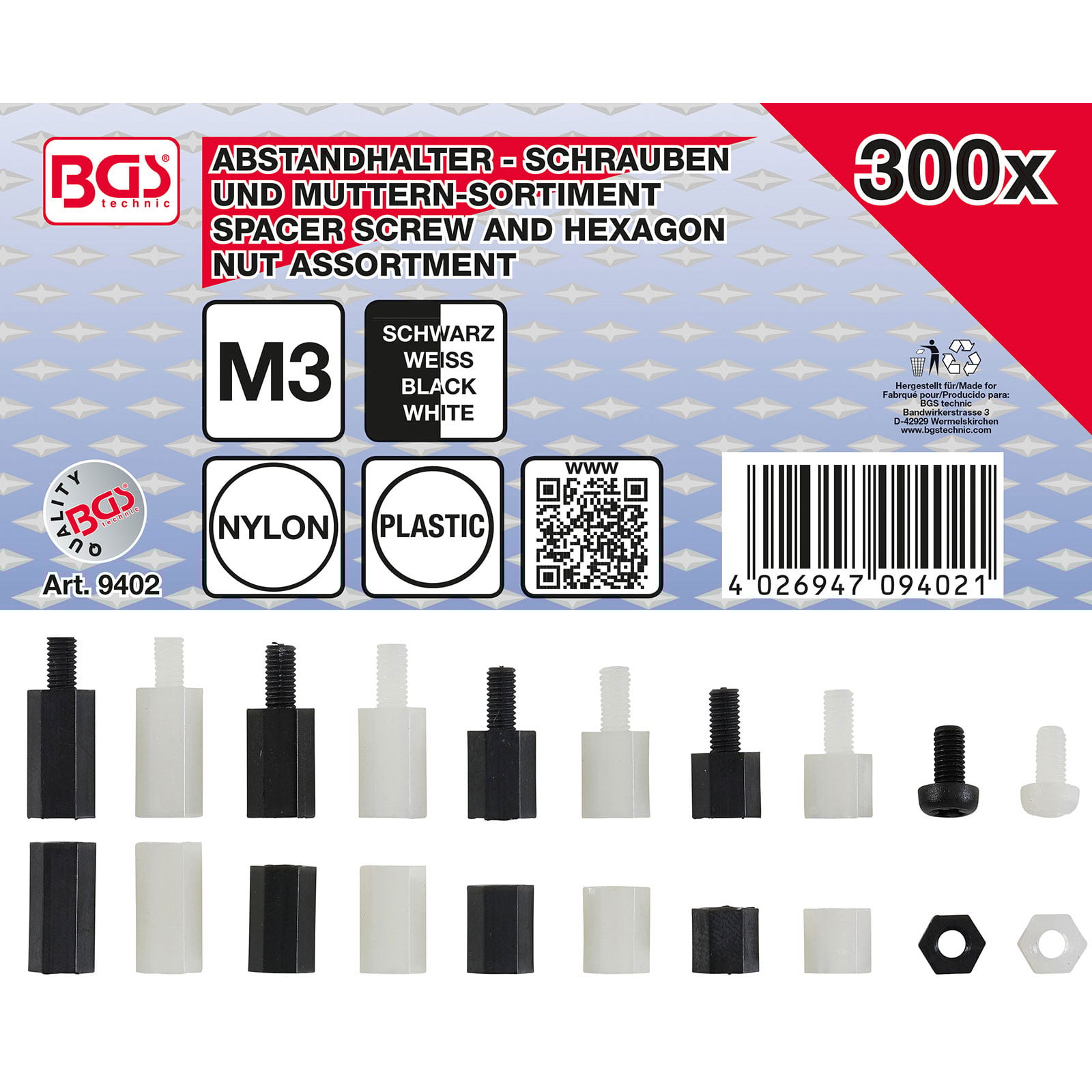 BGS Abstandhalter-Schrauben und Sechskant-Muttern-Sortiment Nylon 300tlg. - 9402