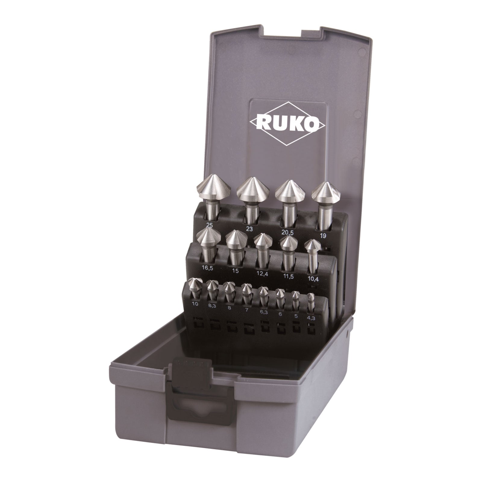 RUKO Kegel- und Entgratsenker-Satz DIN 335 Form C 90° HSS in Kunststoffkassette - 17 tlg. - 102155RO