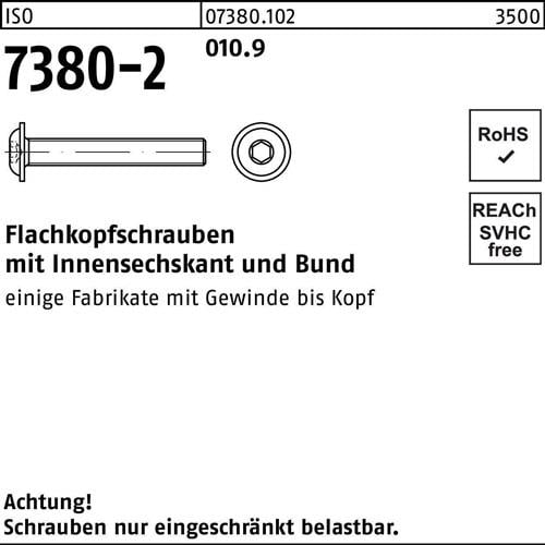 Flachkopfschraube ISO 7380-2 Bund/Innen-6kt M6x 8 010.9 500 Stück