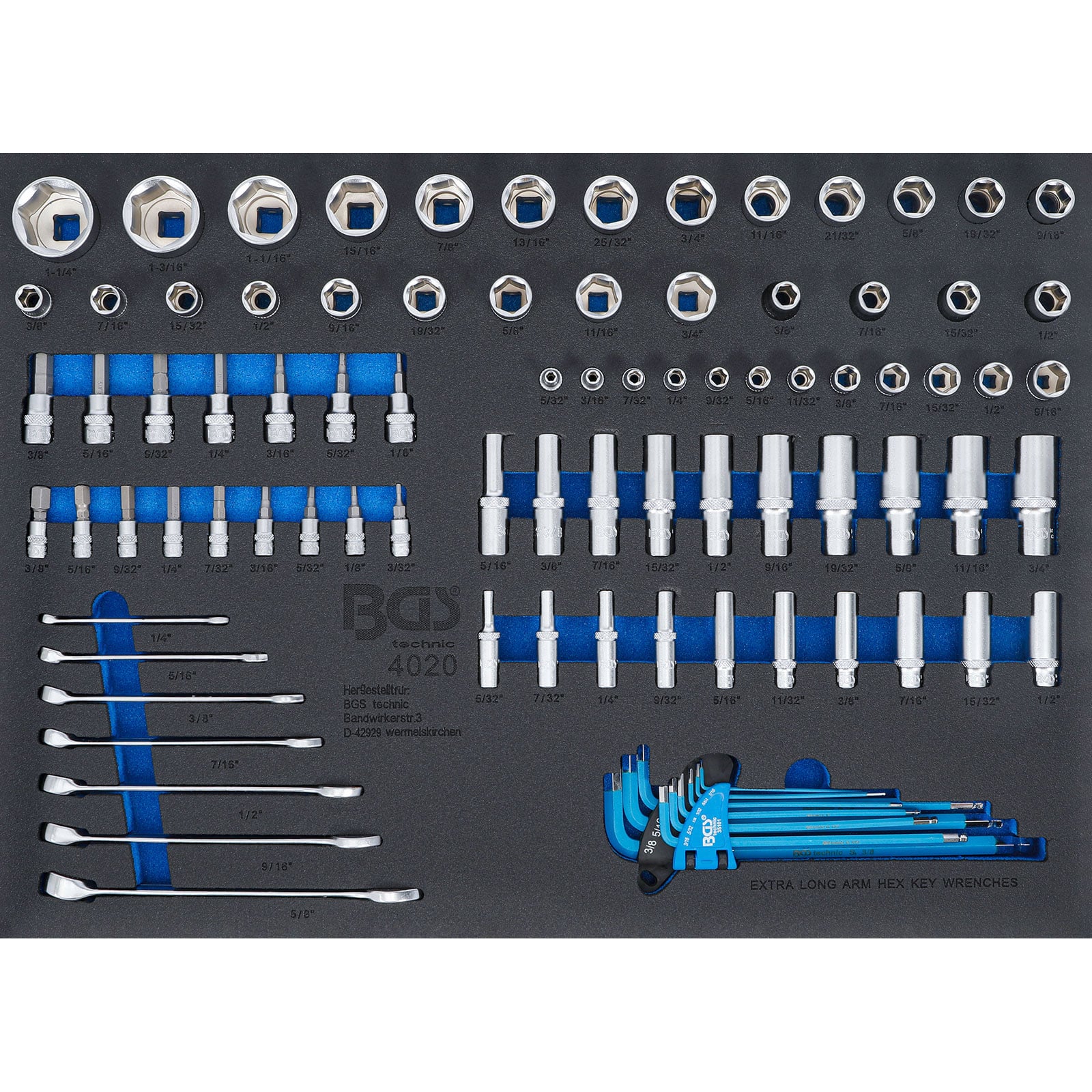 BGS Werkstattwageneinlage 3/3: Steckschlüssel-Einsätze / Maul-Ringschlüssel Zollgrößen 90tlg. - 4020