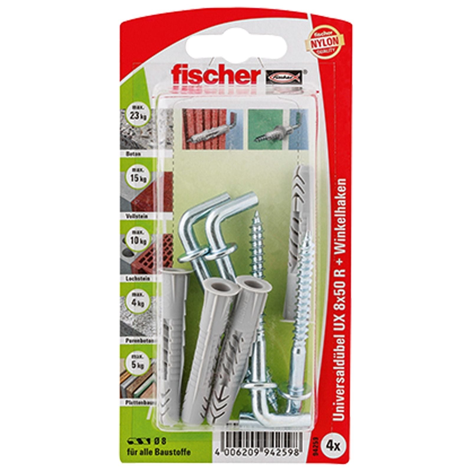 Fischer 4x Universaldübel UX 8x50 WH mit Winkelhaken - 94259
