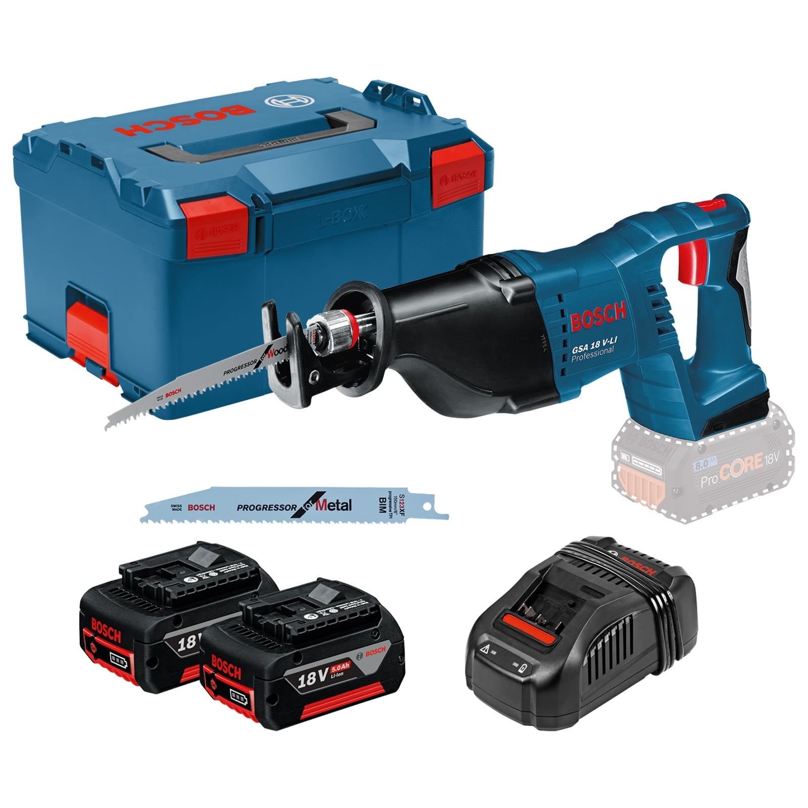 Bosch Akku-Säbelsäge GSA 18V-LI / 2x 5,0 Ah Akku + Ladegerät inkl. Zubehör-Set in L-Boxx - 060164J00B