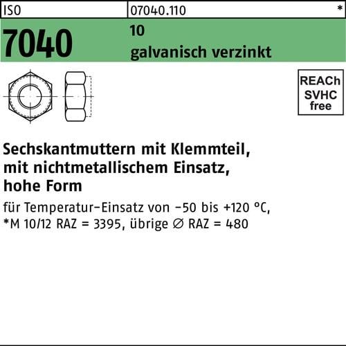 Sechskantmutter ISO 7040 Klemmteil M10 10 galv.verz. 100 Stück