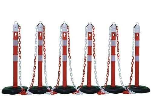 Sperrpfostenset PPC rot/weiß m.Sechskantfuß D63xH1.000mm 6 Pfosten u.5 Ketten - 12463ZR