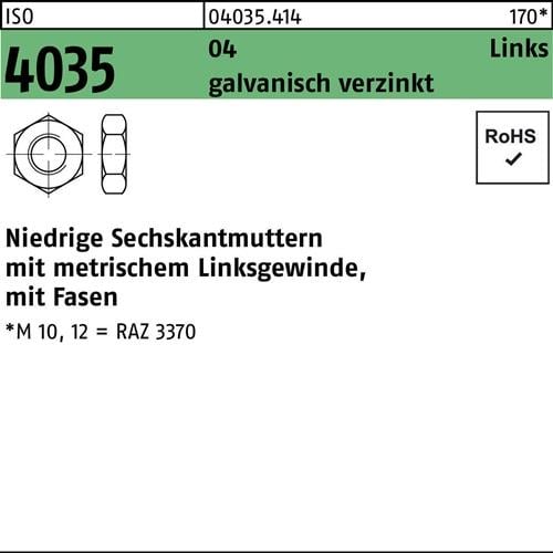 Sechskantmutter ISO 4035 niedrig Fasen links M6 Automatenstahl galv.verz. 100St.