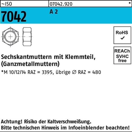 Sechskantmutter ISO 7042 Klemmteil M3 A 2 1000 Stück
