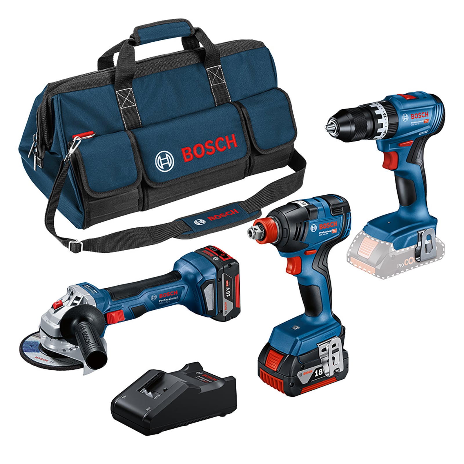 Bosch 18V Profi Set GSB 18V-45 + GDX 18V-200 + GWS 18V-7 / 2x 5,0 Ah + Ladegerät + Tasche - 0615990N31