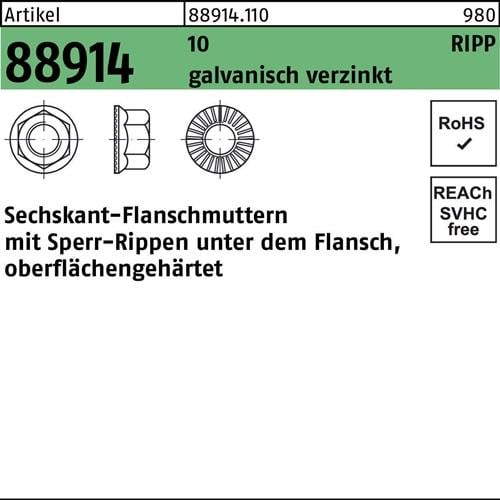 Sechskantflanschmutter R 88914 Sperr-Ripp M5 10 galv.verz. 500 Stück
