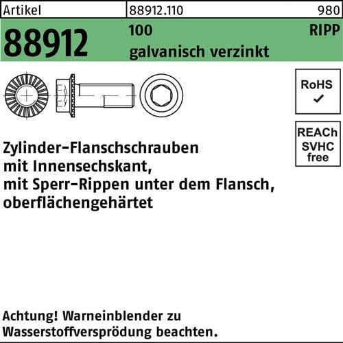 Zylinderflanschschraube R 88912 Sperr-Ripp Innen-6kt M12x30 100 galv.verz. 100St