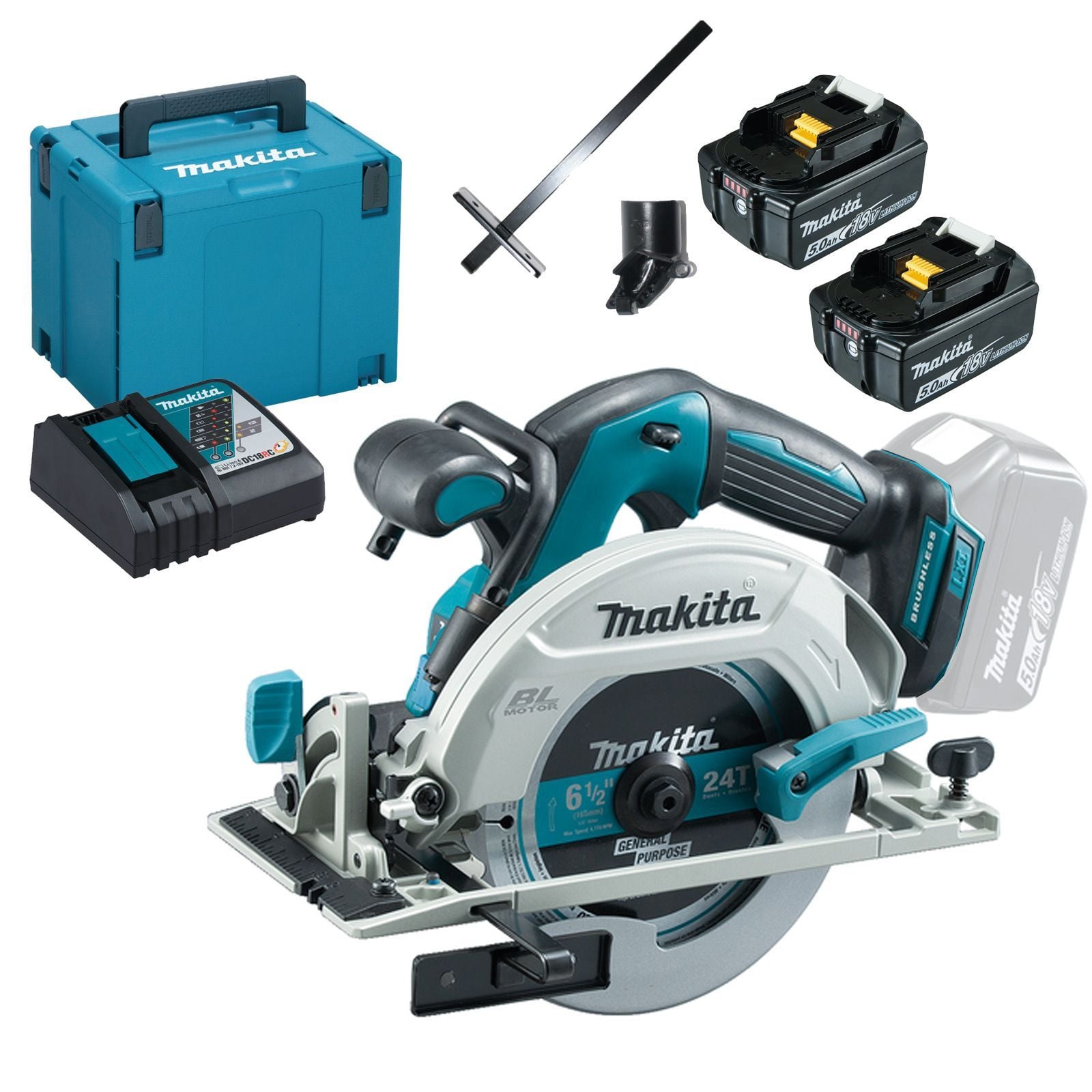 Makita DHS680RTJ Akku-Handkreissäge 18 V Ø 165 mm / 2x 5,0 Ah Akku + Ladegerät im Makpac