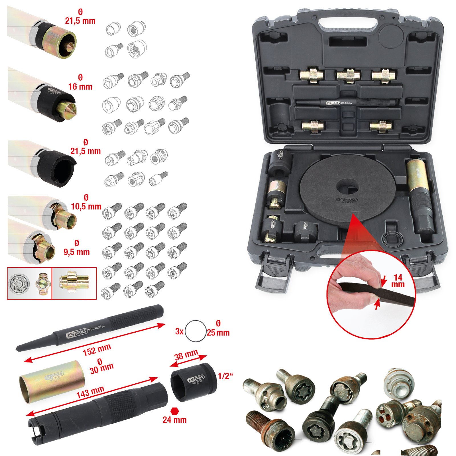 KS TOOLS Felgenschloss-Demontage-Satz 15tlg. - 913.1430 KS TOOLS Felgenschloss-Demontage-Satz 15tlg. - 913.1430