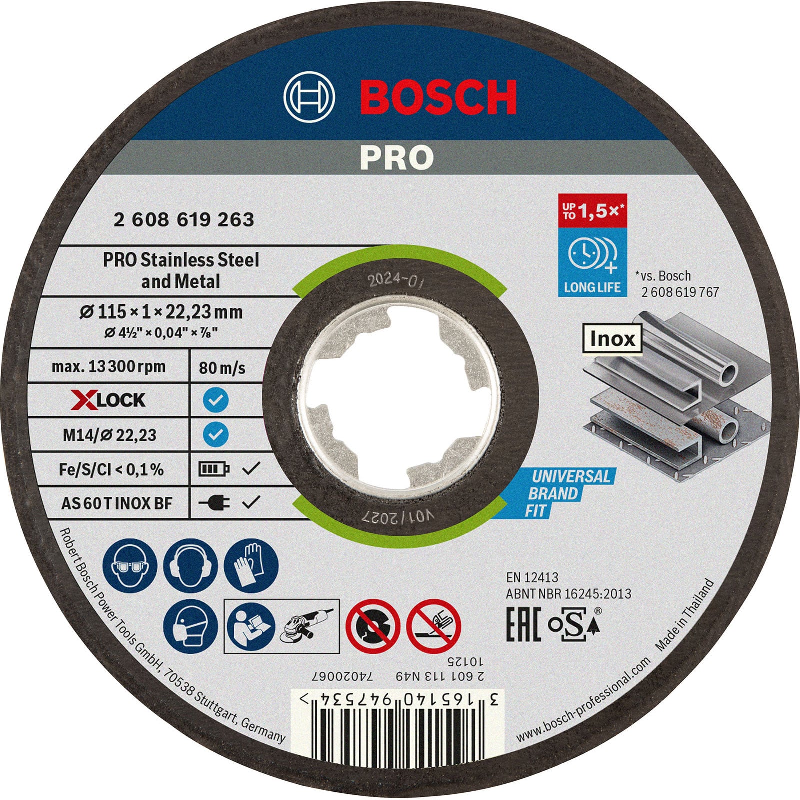 Bosch PRO Stainless Steel and Metal X-Lock Trennscheibe 115 x 1 x 22,23 mm - 2608619263