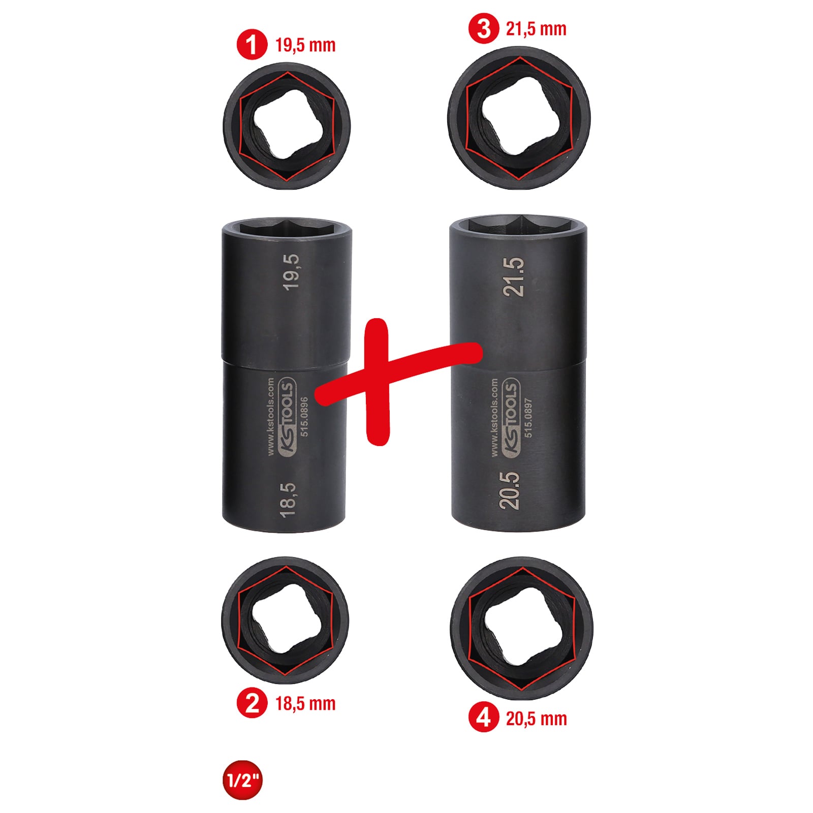 KS TOOLS 1/2" Spezial-Alu-Felgen-Kraft-Stecknuss-Satz für Ford 18,5 / 19,5 / 20,5 / 21,5 mm 2tlg. - 515.0895