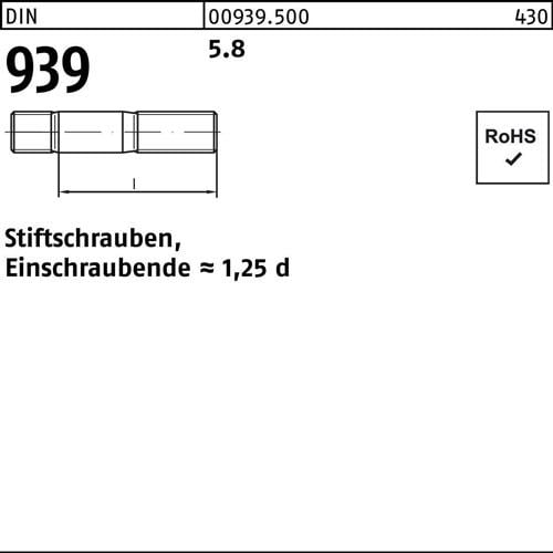 Stiftschraube DIN 939 M12x 85 5.8 Einschraubende=1,25d 50 Stück
