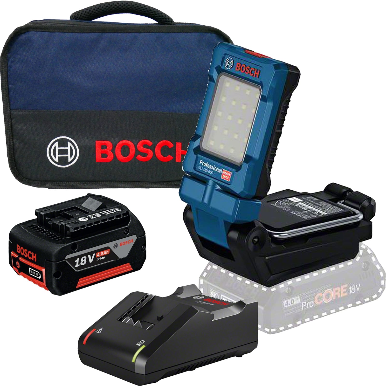 Bosch Akku-Leuchte GLI 18V-800 / 1x 4,0 Ah + GAL 18V-40 im Softbag