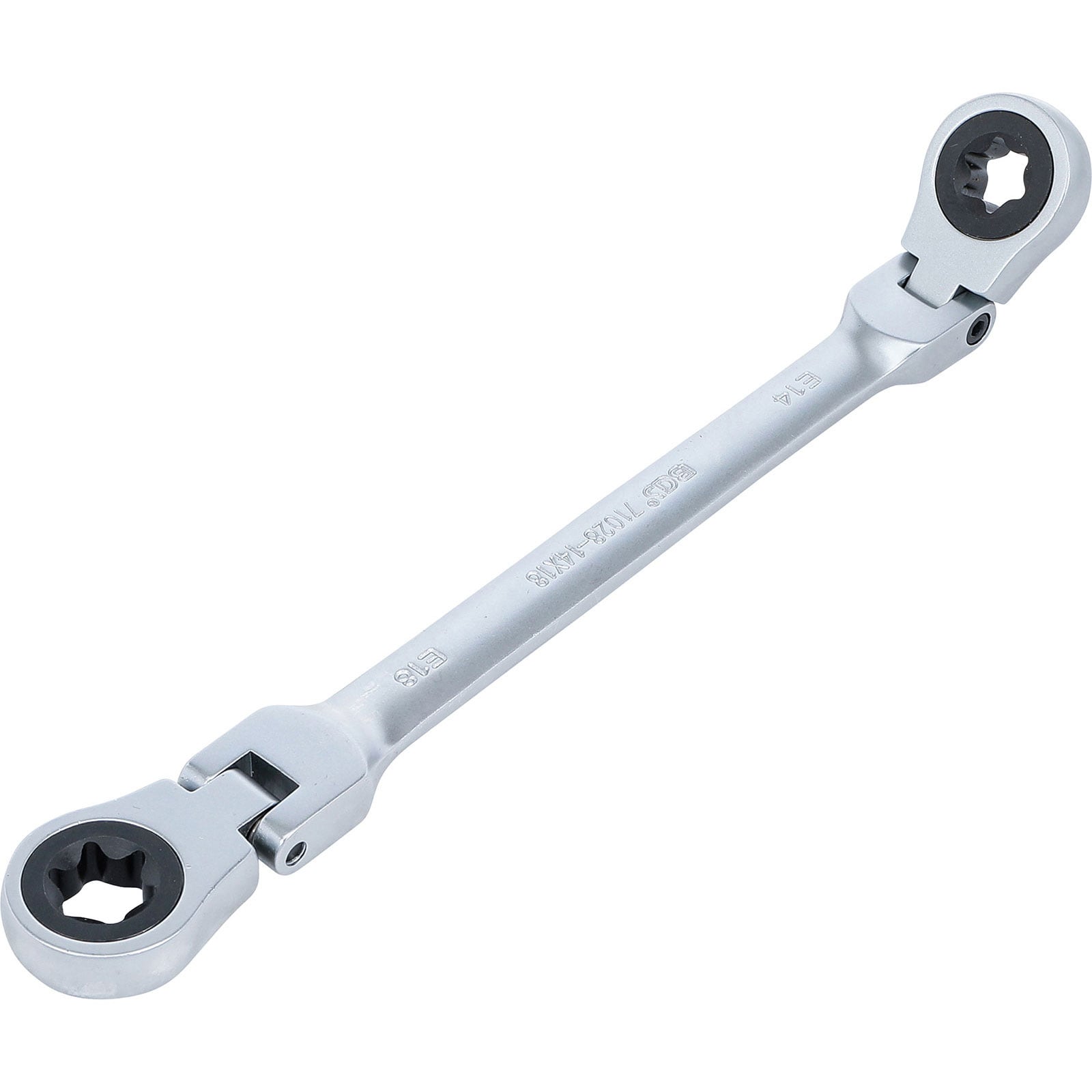 BGS Doppel-Ratschen-Ringschlüssel abwinkelbar mit E-Profil Ringköpfen SW E14 x E18 - 71028-14X18