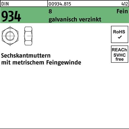 Sechskantmutter DIN 934 M12x 1,25 8 galv.verz. 100 Stück