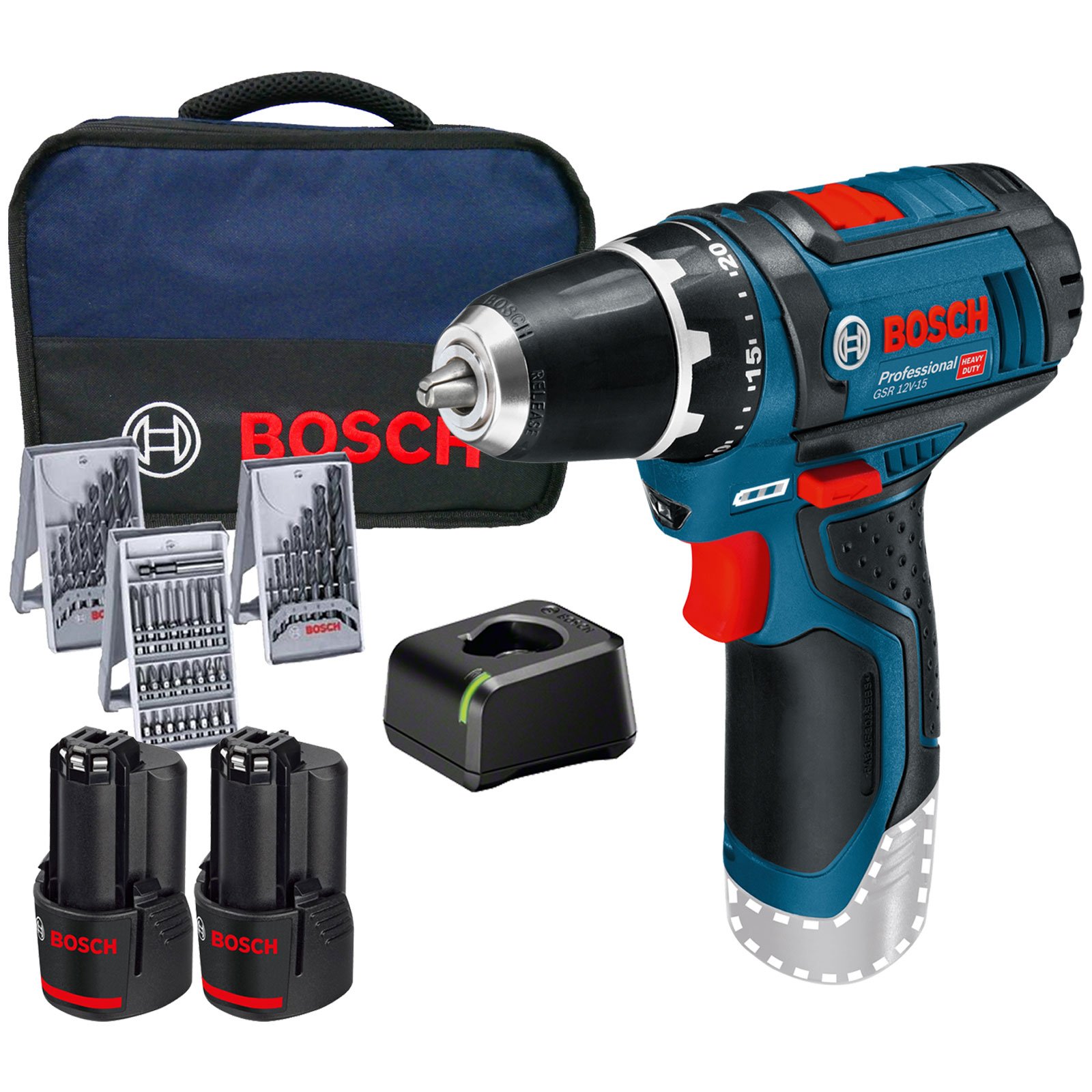 Bosch Akku-Bohrschrauber GSR 12V-15 / 2x 2,0 Ah Akku + Ladegerät inkl. Bit und Bohrer-Set im Softbag - 0615990GB0 Bosch Akku-Bohrschrauber GSR 12V-15 / 2x 2,0 Ah Akku + Ladegerät inkl. Bit und Bohrer-Set im Softbag - 0615990GB0