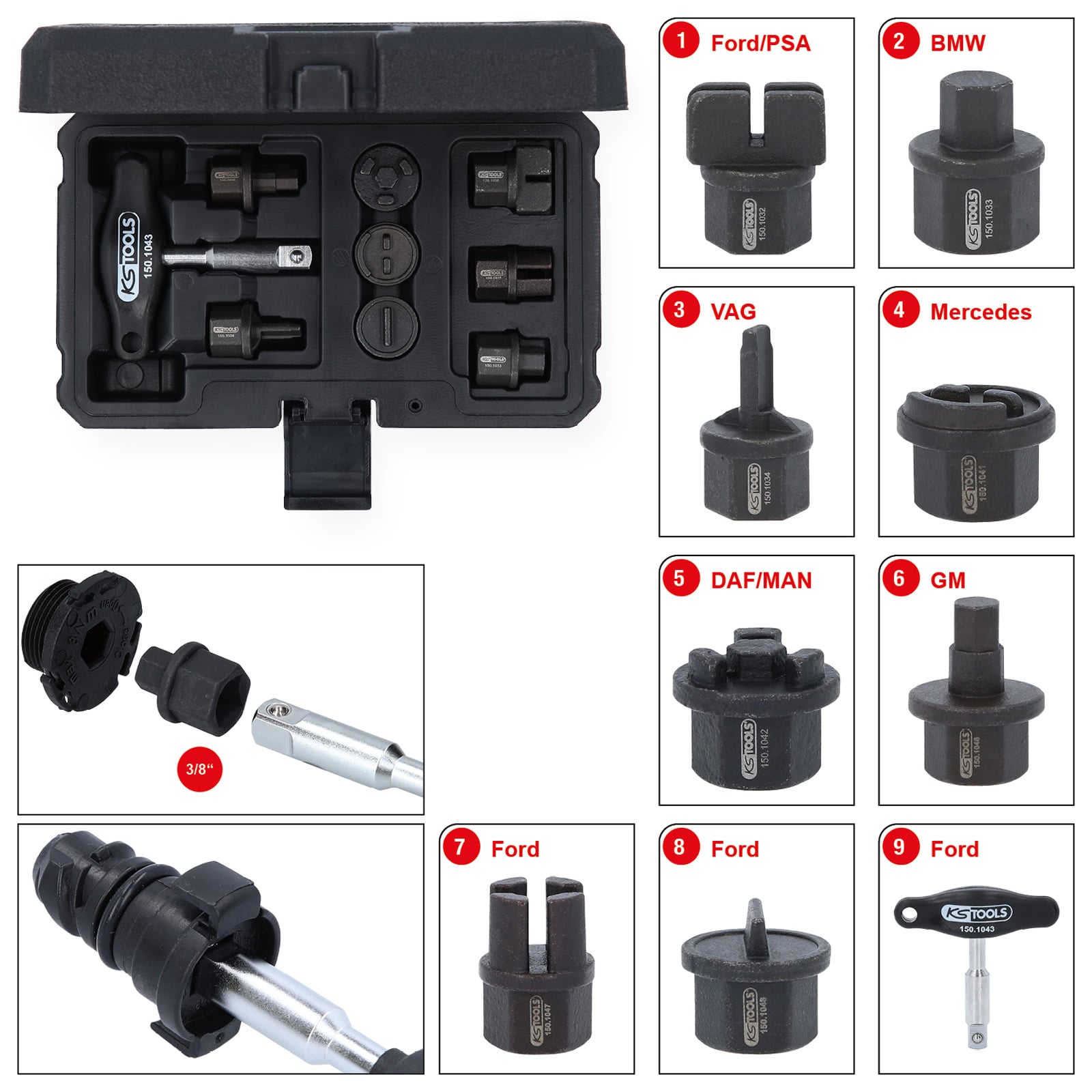 KS TOOLS 3/8" Öldienst-Spezialprofil-Satz für Kunststoff-Ölablassschrauben, 9-tlg - 150.1040